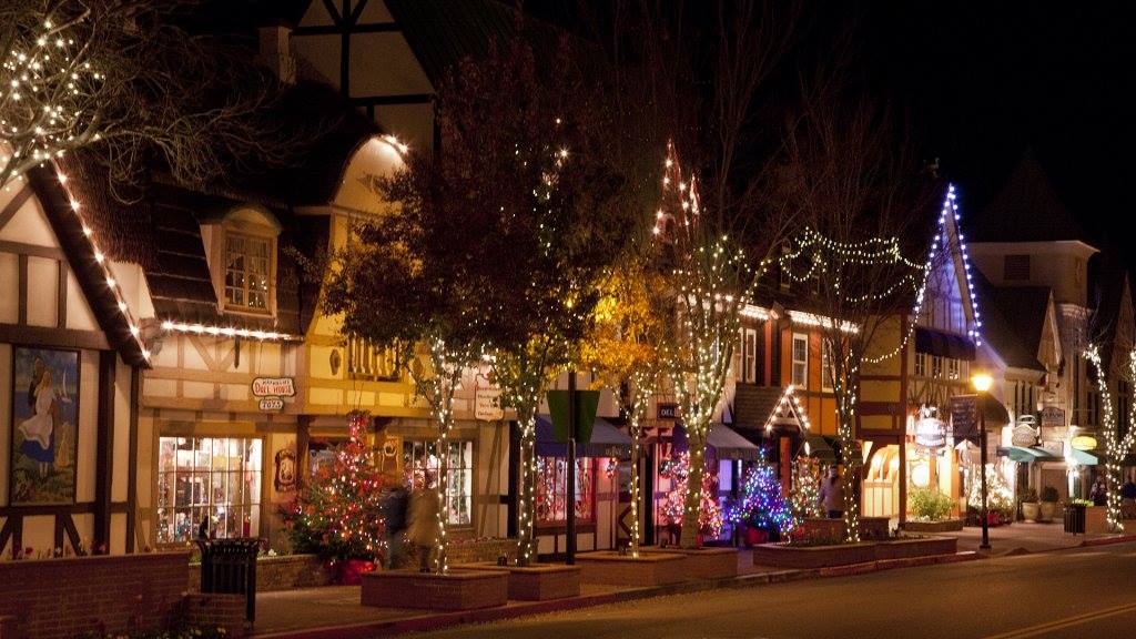 Solvang filled withh lights during Christmas in celebration of the annual Julefest