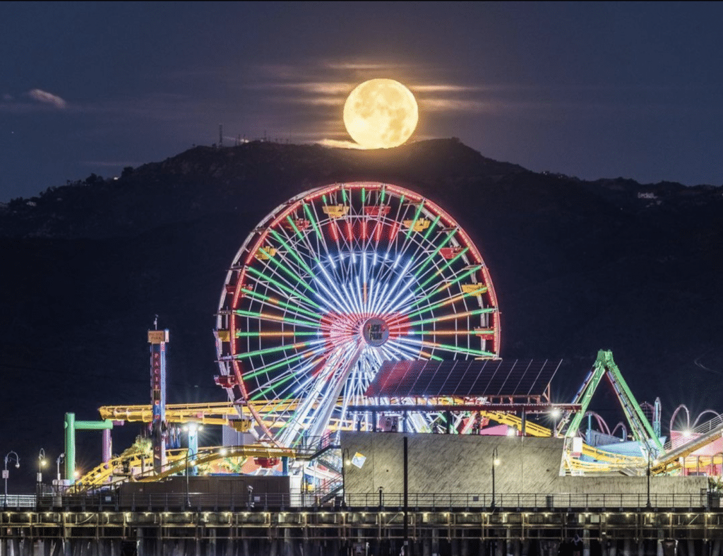 Full Hunter's Moon over Santa Monica Pier