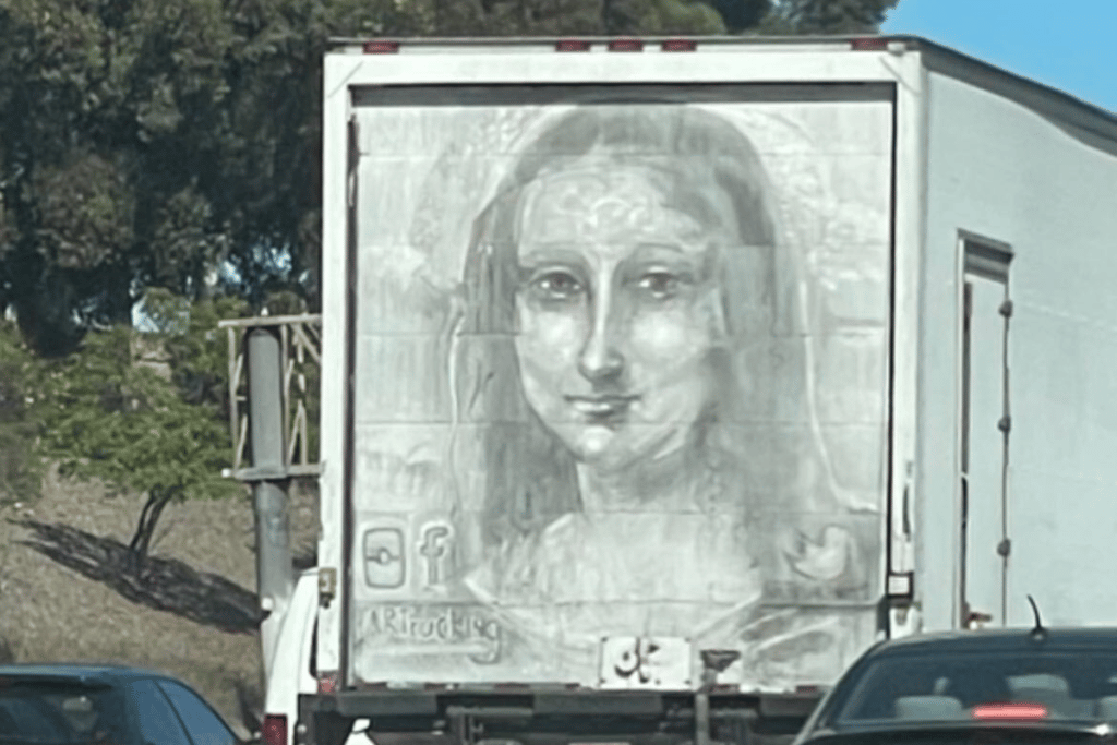 Mona Lisa, created from dust and dirt, is on the back of a large truck.