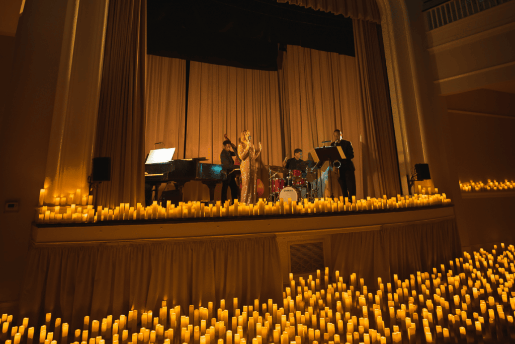 A jazz band and singer playing in candlelight