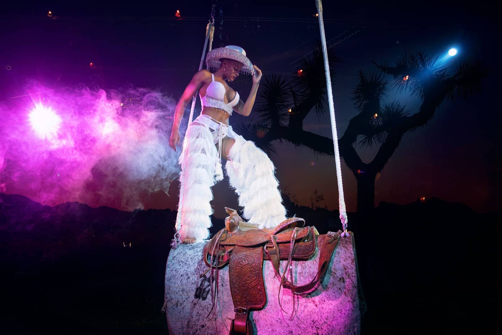 A performer in a cowgirl hat stands on a saddle