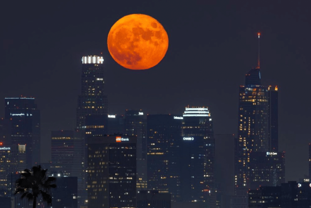 full hunter's moon over downtown los angeles