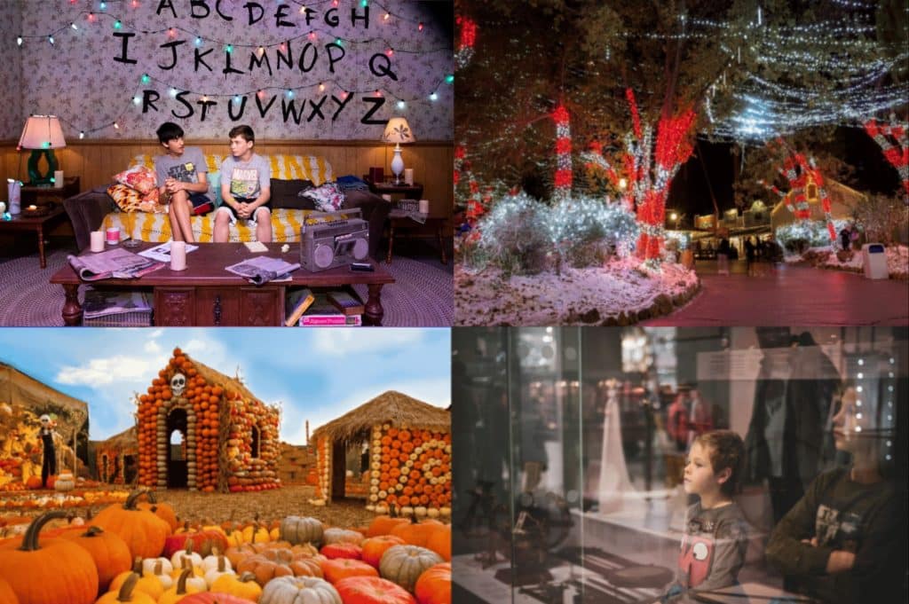 Images in a collage of the Stranger Things Experience, Christmas lights, a pumpkin patch, and a kid in a museum