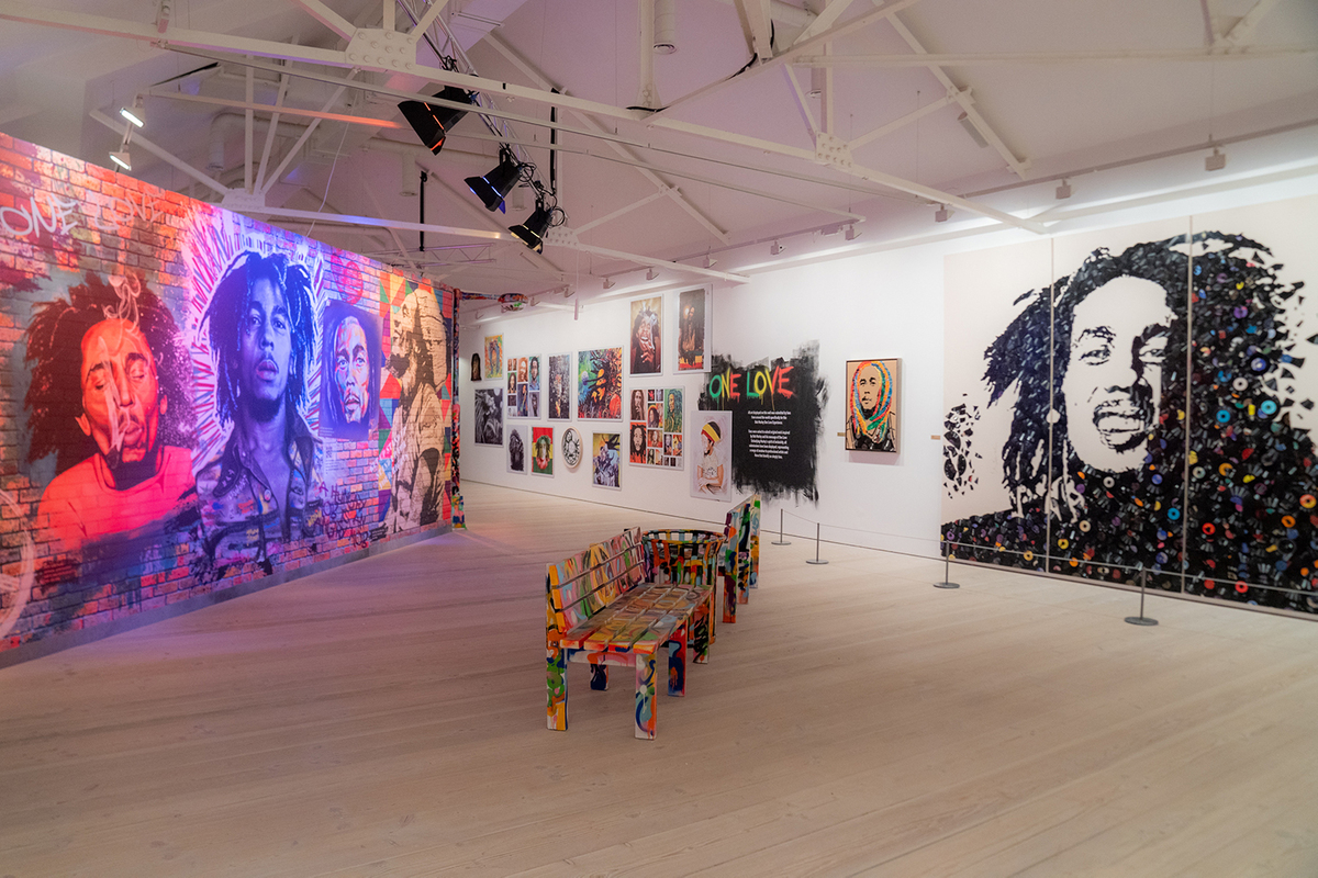 The floor of the Bob Marley One Love Experience, featuring artwork of the artist