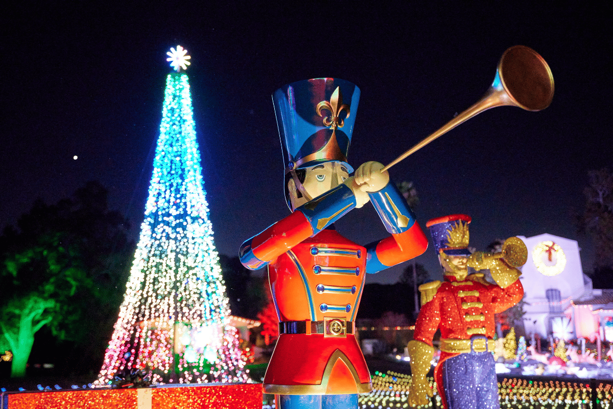 A figure of a toy soldier at Holiday Road as one of the holiday markets in Los Angeles