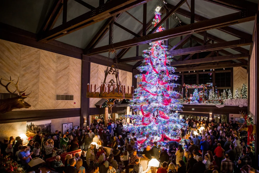 California's largest Christmas tree covered with lights in the lobby of Tenaya Lodge. 