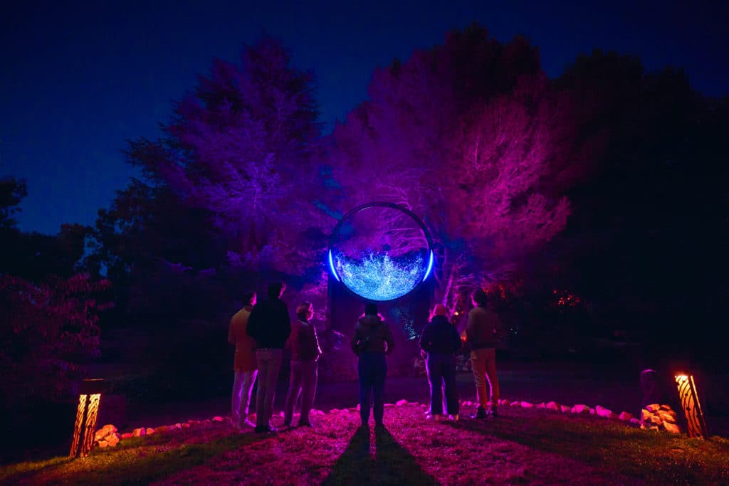 Guests watch a circular light display in a garden