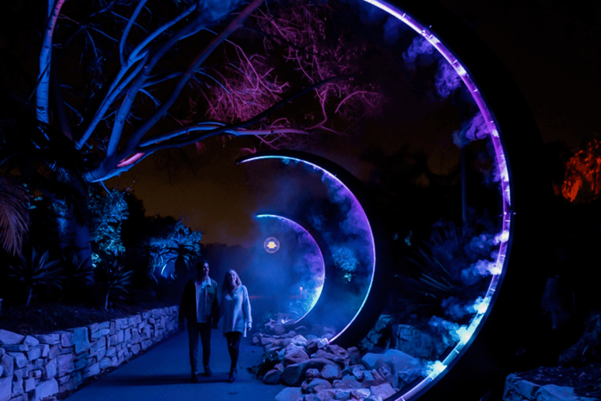 A couple walks past circular, misty lights
