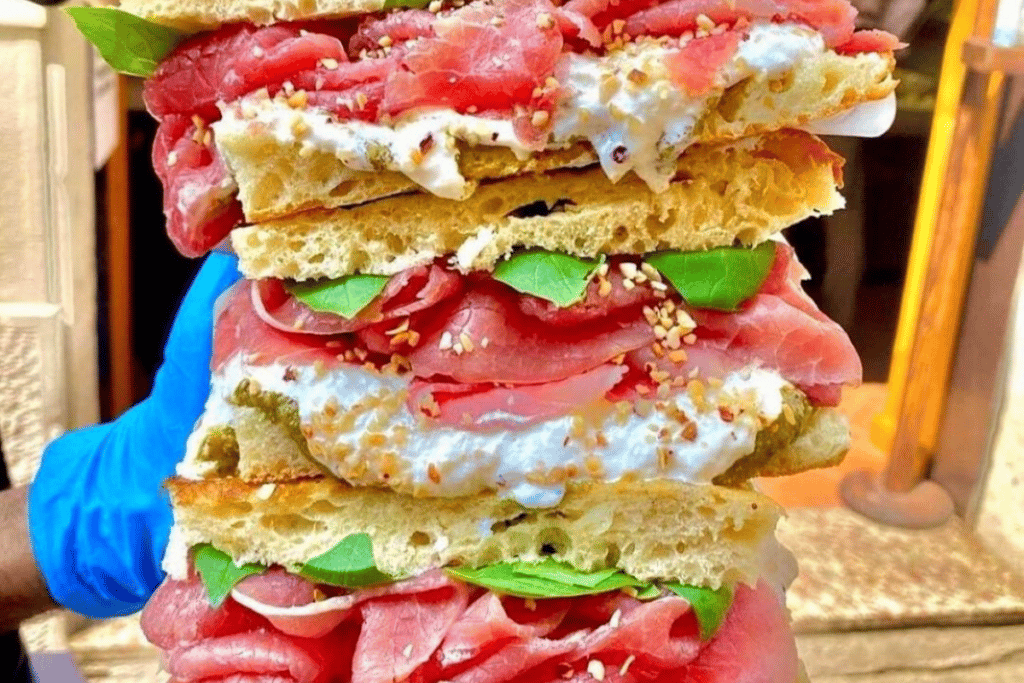 Stacked up Caprese sandwiches from All'Antico Vinaio
