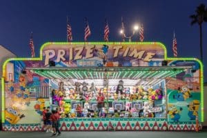 A carnival booth with prizes