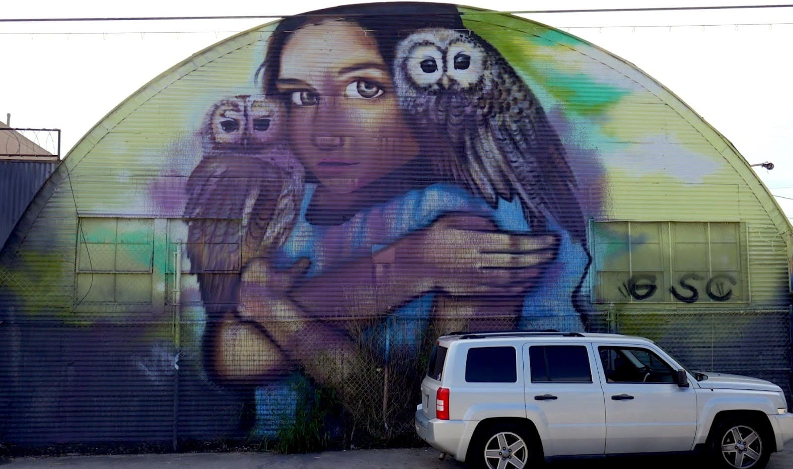 A mural of a young woman holding two owls