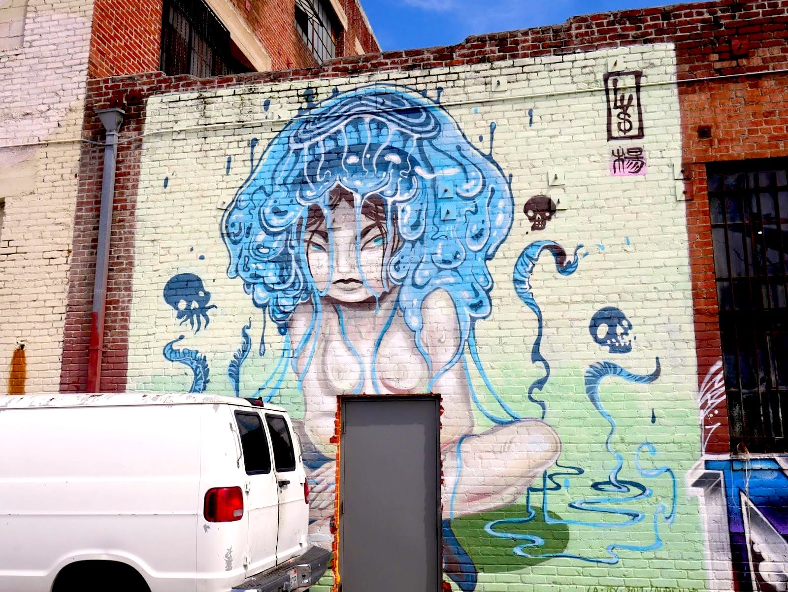 A painting of a young woman wearing a jellyfish on her head