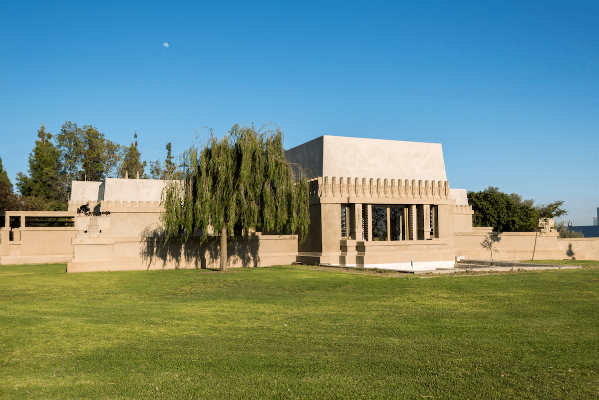 The famous Hollyhock House on a sunny day at Barnsdall Art Park in Los Angeles.