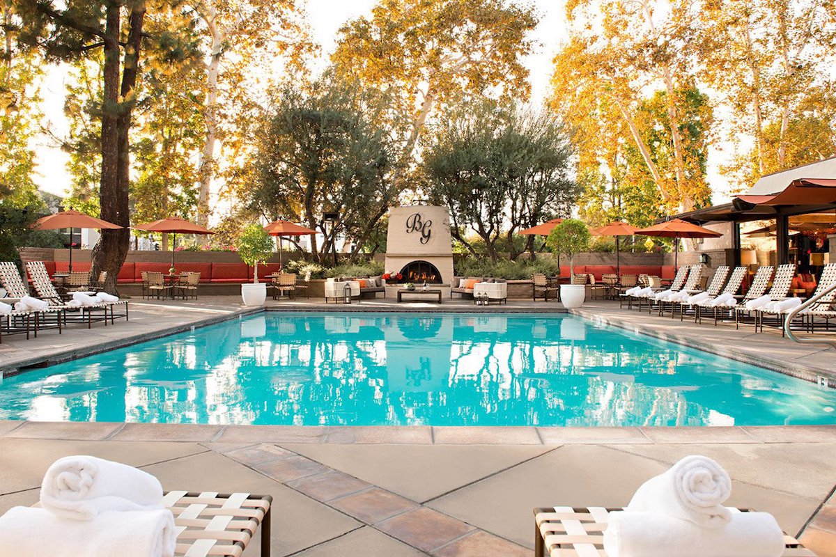 A daytime shot of the pool at The Garland Hotel in Los Angeles. 