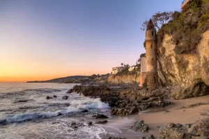 A view of the storied "pirate tower" on Victoria Beach in Malibu.