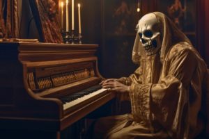A skeleton sits at a piano