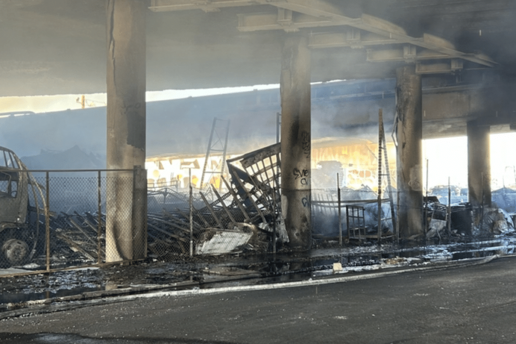 Fire damage under the I-10 Freeway