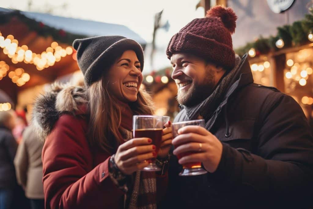 A couple toasts drinks at an outdoor holiday market